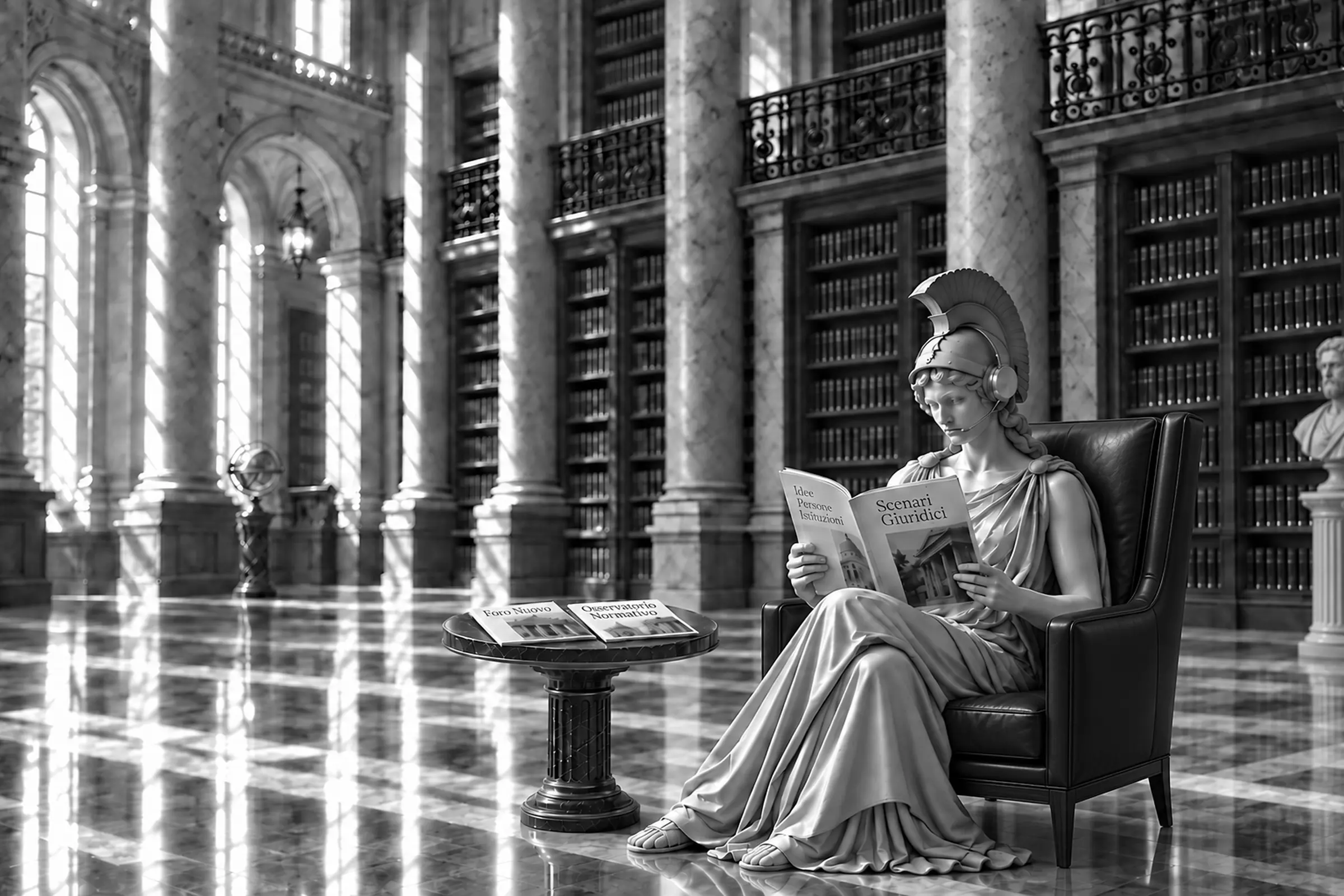 Statua di Minerva trattata nei toni blu istituzionali